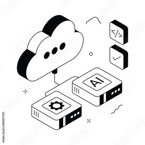 Cloud based artificial intelligence computing and data processing isometric illustration
