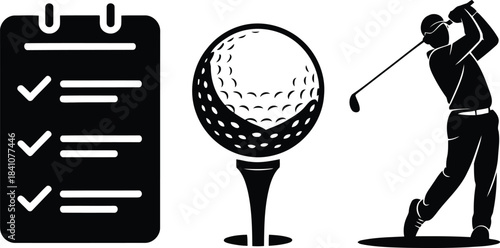 Black silhouette icons feature a golf checklist with completed tasks, a golf ball, and a golfer