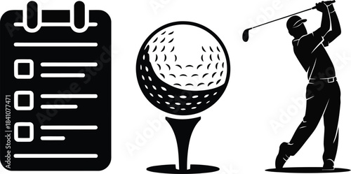 Black silhouette icons display a golf checklist, a golf ball on a tee, and a golfer swinging