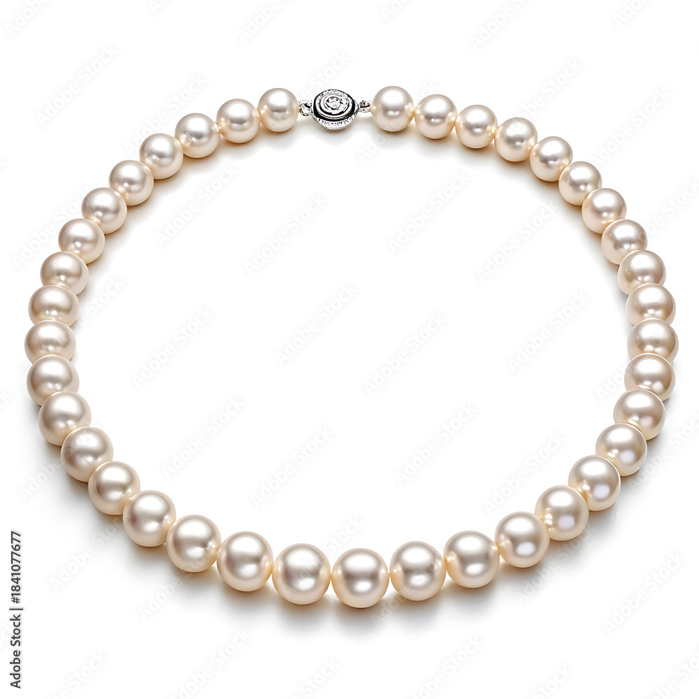 Obraz premium Elegant strand of iridescent freshwater pearls arranged in a circular fashion on a white background
