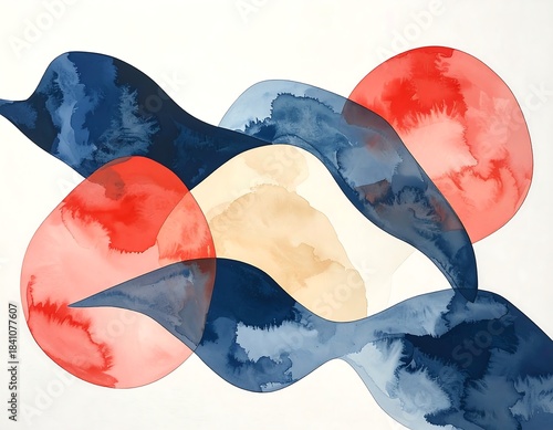 Abstract watercolor composition with flowing shapes and vibrant colors