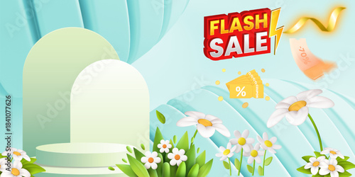 The display stand is light blue, creating a soft feel. It's decorated with large white daisies around the perimeter, providing an ideal backdrop for showcasing cosmetics, fashion items