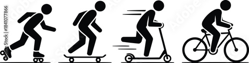 Black stick figures showing various active wheeled personal mobility and popular sports