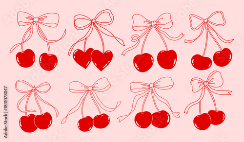 A charming coquette aesthetic illustration featuring cute cherries decorated with elegant bows. This hand-drawn design combines playful feminine style with soft, romantic details, making it perfect fo