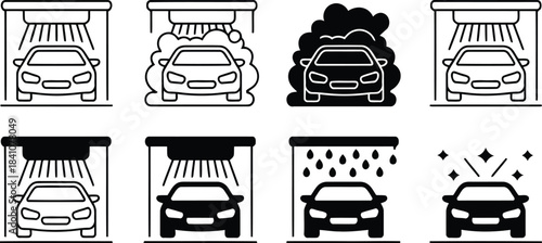 Collection of line and solid icons showing various stages of a car washing process