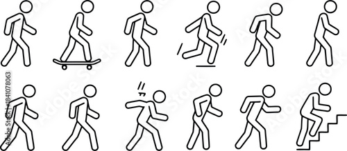 Collection of simple stick figure icons illustrating different human movements and activities