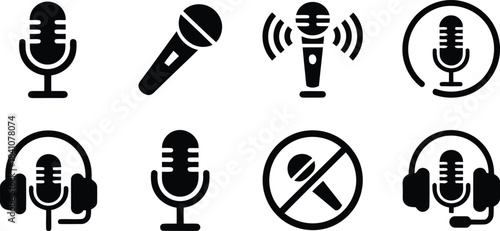 Diverse black microphone and headphone icons for various audio applications, communication, and recording purposes
