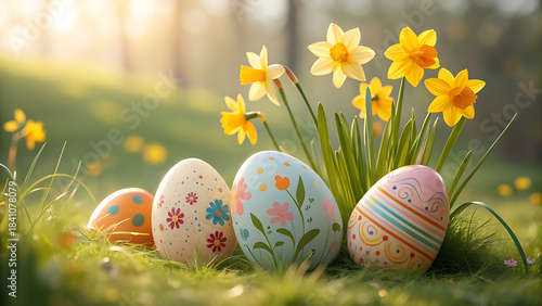 Painted easter eggs and vibrant yellow daffodils in a sunlit spring garden scene