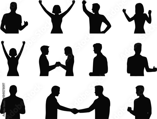 Diverse black silhouettes of people expressing various emotions and interactions on a white background