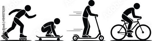Dynamic black stick figures demonstrate exhilarating personal wheeled sports and recreation