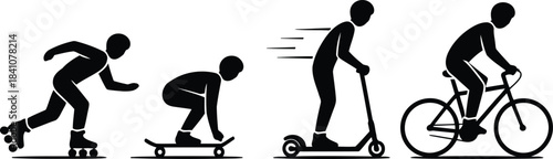 Dynamic black stick figures show various wheeled personal mobility and popular sports activities