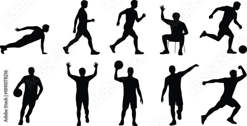 Dynamic silhouettes of men engaged in various athletic poses and team sports activities