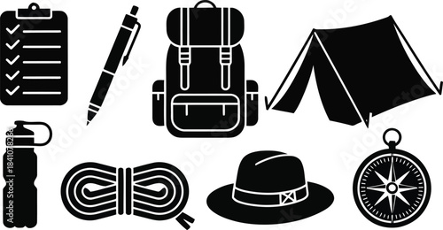 Eight minimalist black symbols represent various essential camping and outdoor adventure equipment items
