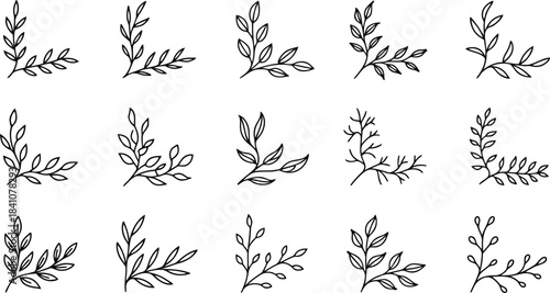 Fifteen elegant hand drawn botanical corner elements provide a delicate floral decoration on a clean white background
