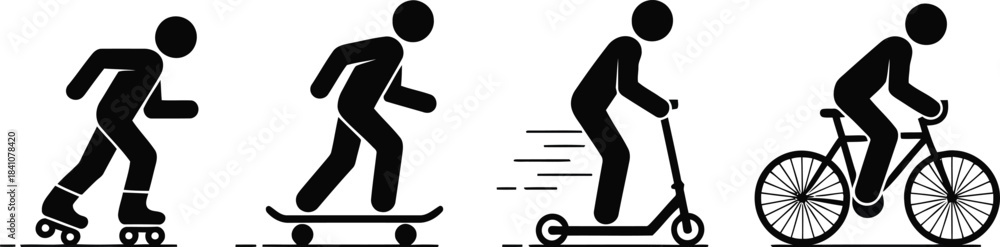 Fototapeta premium Four active black icons show people engaged in rollerblading skateboarding scooter riding and cycling