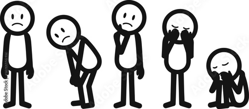 Five stick figures showing a gradual emotional decline from standing to sitting and covering face
