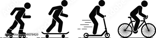 Four active black icons show people engaged in rollerblading skateboarding scooter riding and cycling