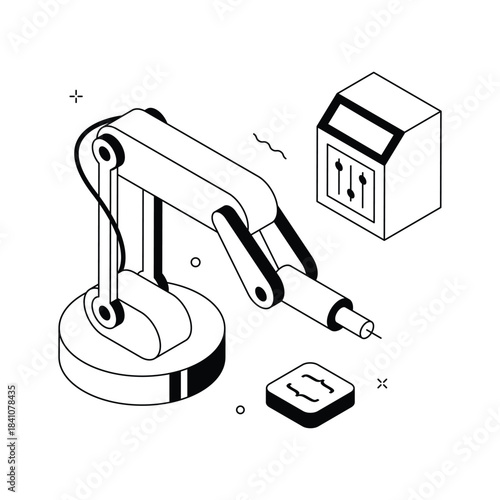 An amazing isometric illustration of Industrial AI Robotic Arm Automation