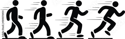 Four black human silhouettes depict the progression of movement from walking to fast running