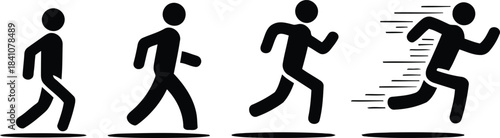 Four black silhouette figures illustrate a progressive sequence of standing, walking, jogging, and running