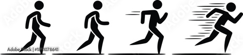 Four simple black silhouette figures showing the progressive stages of walking to running speed