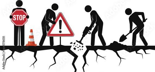 Four stick figures are engaged in various road construction activities including stopping traffic and digging