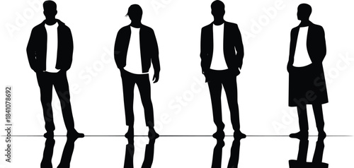 Four stylish male and female person silhouettes standing with reflective shadows
