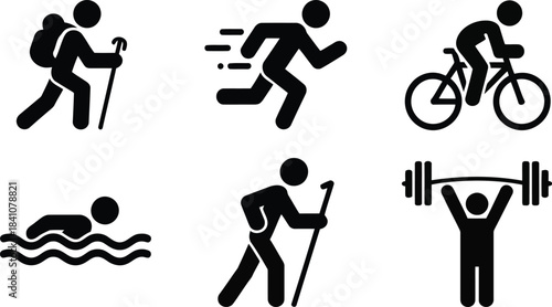 Minimalist black graphics illustrate six different popular sports activities including running and swimming
