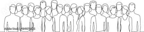 Many individuals are shown in a flowing continuous line sketch representing human connection and collective identity