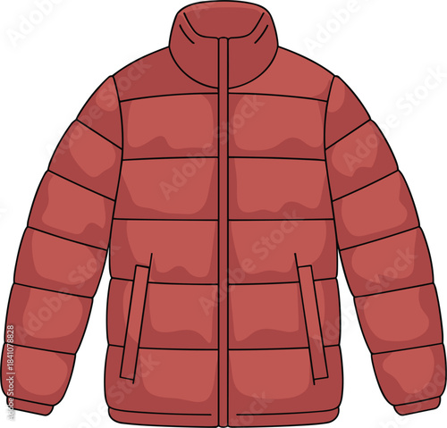 Isolated red puffer jacket fashion technical sketch vector illustration, contemporary winter apparel outerwear design