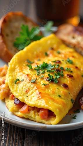A fluffy omelet brimming with cheese and fresh vegetables, served with crispy bacon and toasted whole wheat bread, a perfect start to the day ,  dairy,  egg dish