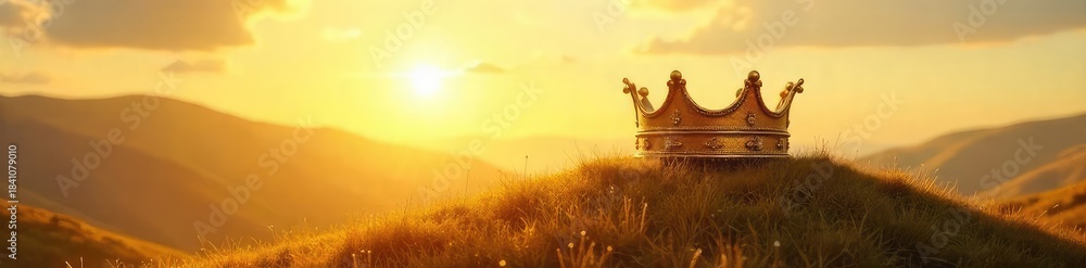 Obraz premium A golden crown rests on a sun-drenched hilltop, bathed in the warm glow of a bright summer day The scene evokes feelings of royalty, power, and summer's golden splendor , sunny landscape, rays
