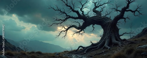 A gnarled, thorny tree clawing at a stormy sky, its branches twisted and reaching like skeletal fingers  The image evokes feelings of malice and untamed wilderness  ,  apocalyptic,  stormy sky
