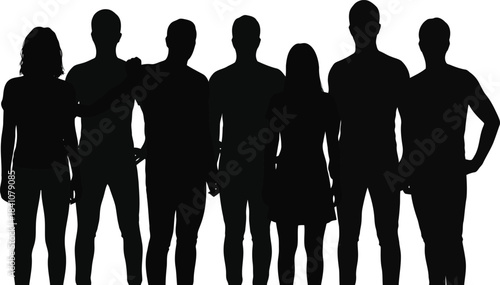 Silhouette representation of a diverse group of men and women standing together on a white background