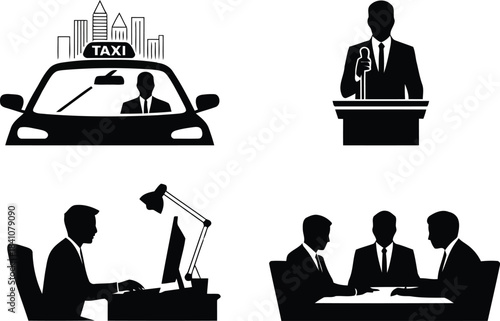 Set of four black silhouettes illustrating various business activities and professional urban scenarios