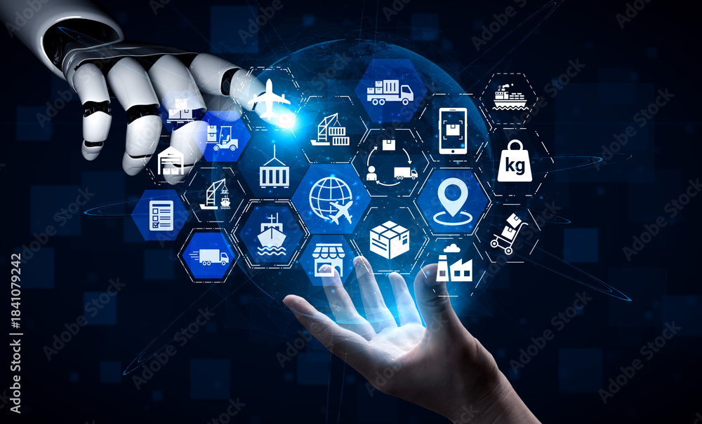 Obraz premium Artificial intelligence optimizes global shipping and loEnticeics, monitoring cargo, managing supply chain, and improving international trade efficiency. Entice