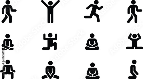 Simple black stick figures demonstrating various physical exercises, walking, running, and peaceful yoga positions