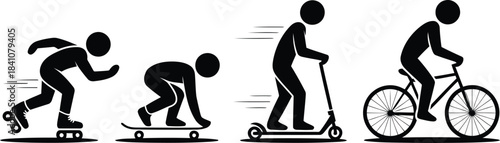 Simple black stick figures depict various active wheeled sports and recreational activities