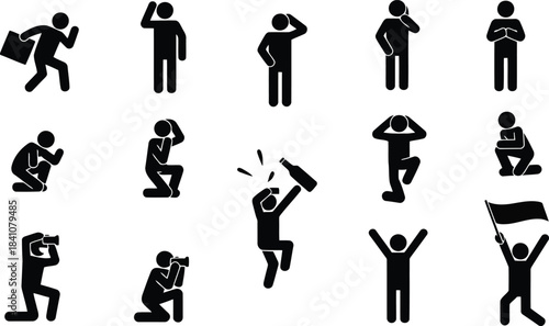 Simple black stick figures illustrating a range of human emotions and common daily activities on a white background