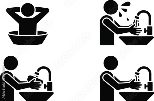 Simple black vector icons illustrating common personal hygiene activities like bathing and hand washing