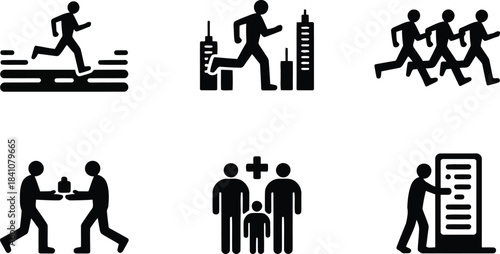 Six distinct black silhouette icons representing people in various daily activities and interactions