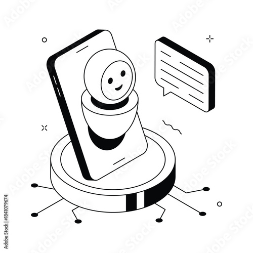 Isometric AI assistant illustration, smart communication and automation services