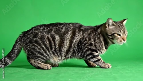 Adorable black kitten portrait, feline pet on a green background