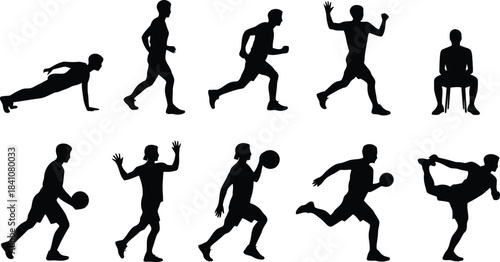 Ten minimalist black outlines of male athletes performing various sports and fitness workouts