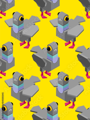 Seamless pattern featuring stylized pigeons on a bright yellow background. Repeatable design for city, urban, and nature themes.