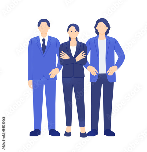 中央で腕組みする女性リーダーと男性ビジネスパーソンの全身イラスト素材。
