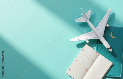 Toy airplane, passport, and ticket lie on bright blue surface. White plane model with teal passport and open itinerary suggest summer vacation planning or travel booking. © Vadym