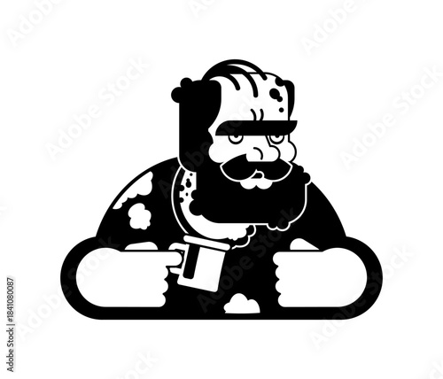 homeless man with a large beard and stern expression. Minimalist black and white icon for social issues and urban themes.