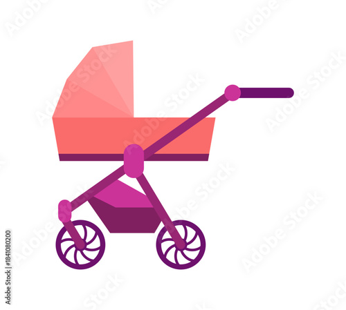 Flat design of a modern pink baby stroller. Parenthood, childhood, and infant care concept. Isolated on white.