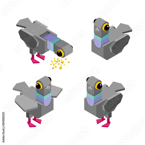 Set of four pigeons in flight, rendered in an isometric vector style. Modern perspective design for city and nature scenes.